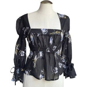 Free People Women's Floral‎ Blouse Black Square Neck Long Sleeve Tie Cuff Top S
